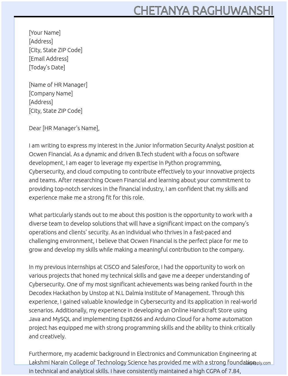 Junior Information Security Analyst At Ocwen Financial Cover Letter
