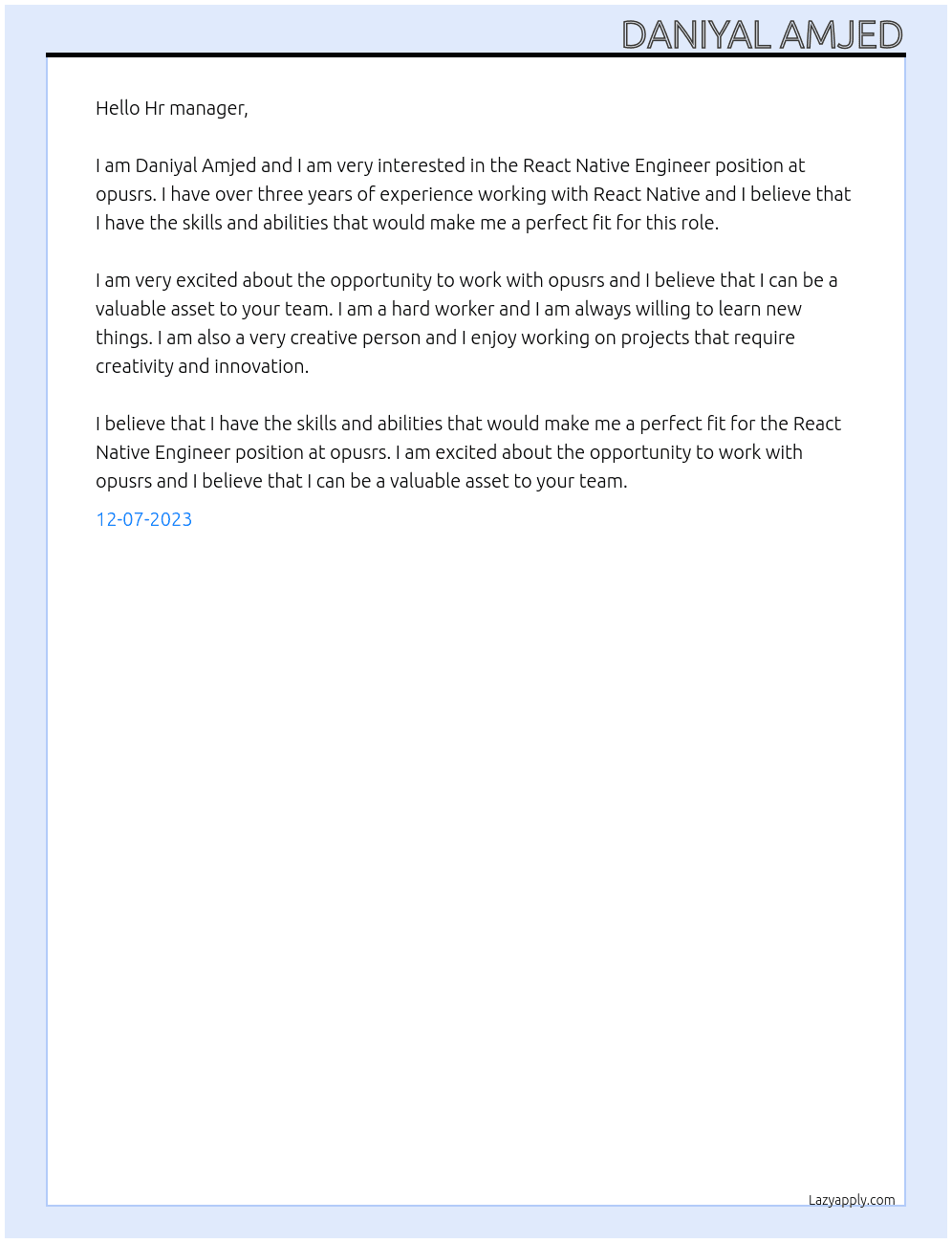React Native Enigneer At opusrs Cover Letter