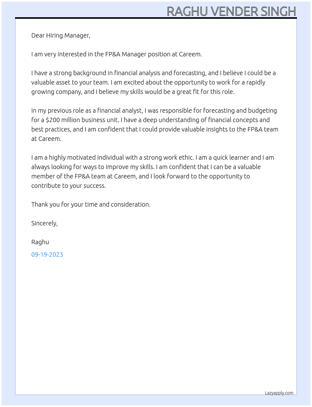 FP&A Manager At Careem Cover Letter