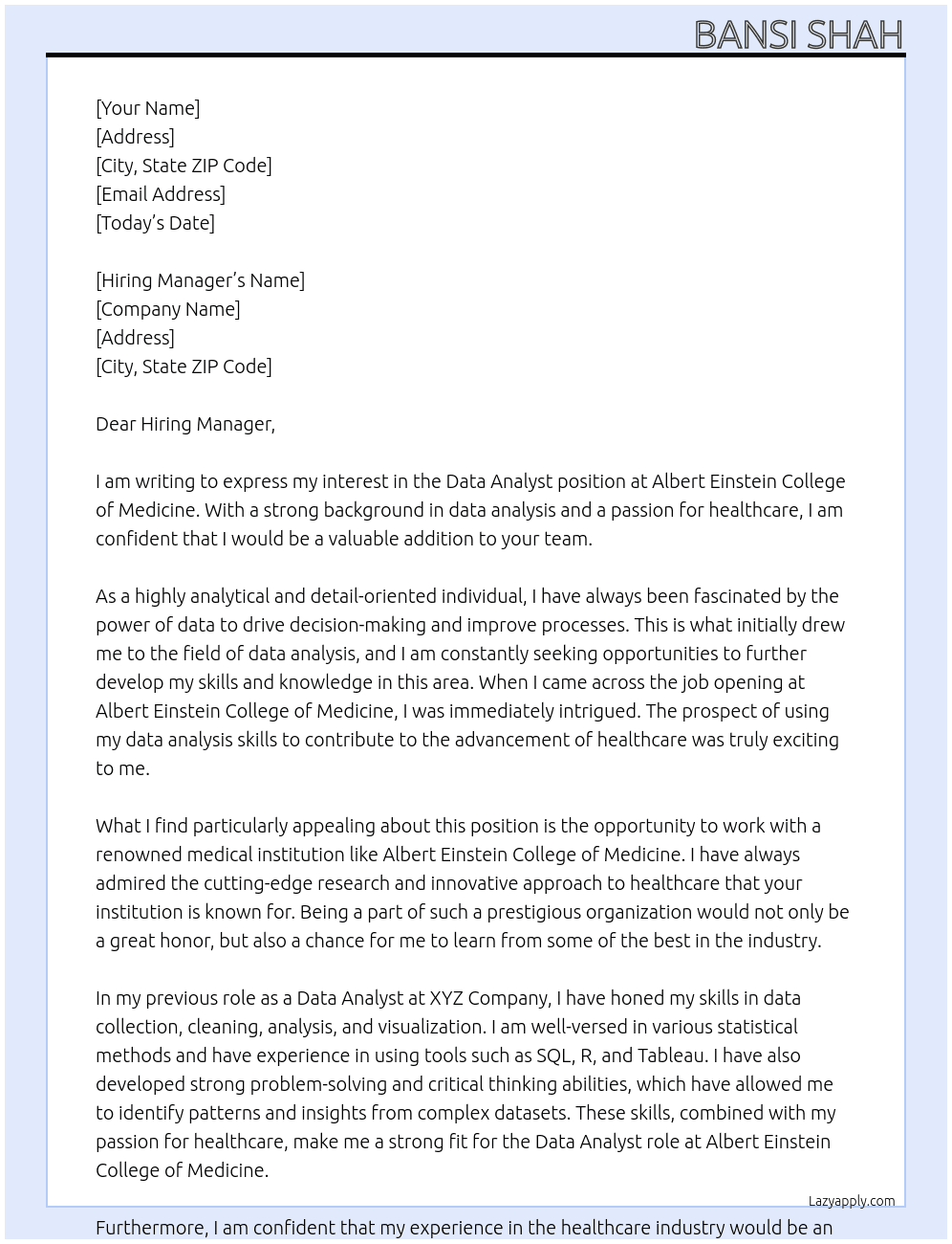 Data Analyst At Albert Einstein College of Medicine Cover Letter