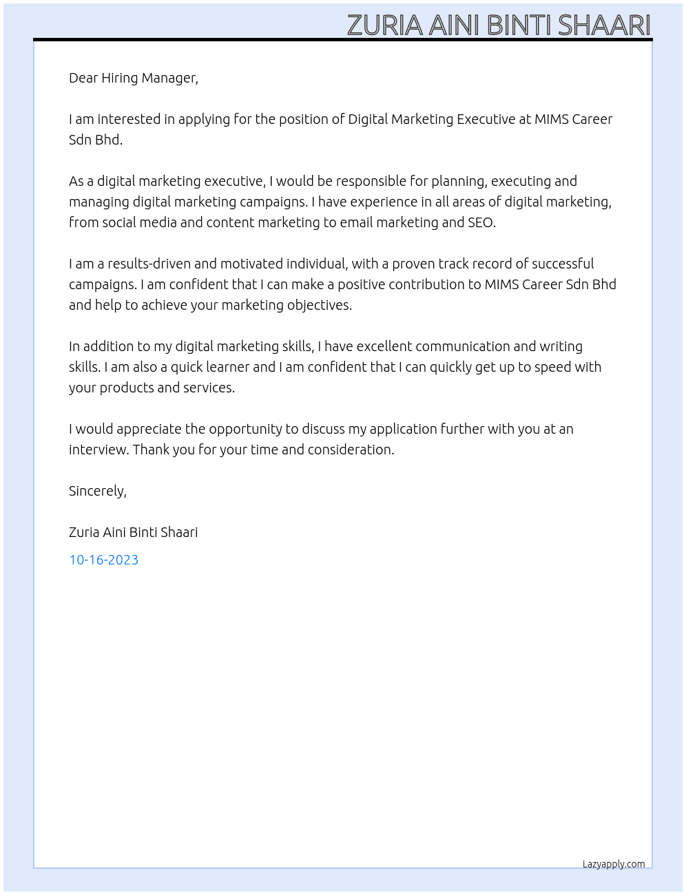 Digital Marketing Executive At MIMS Career Sdn Bhd Cover Letter