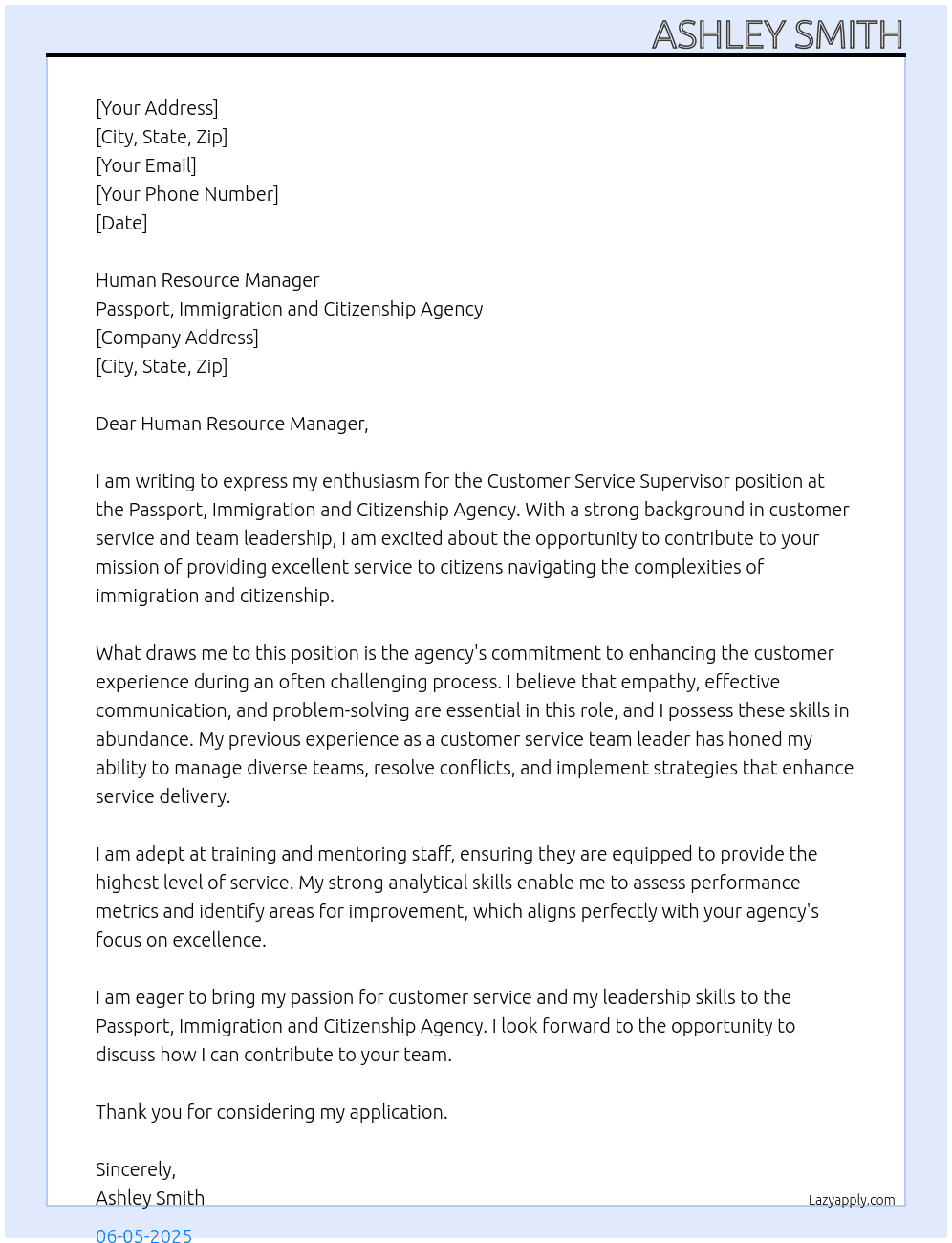 Cover letter for customer service supervisor - LazyApply