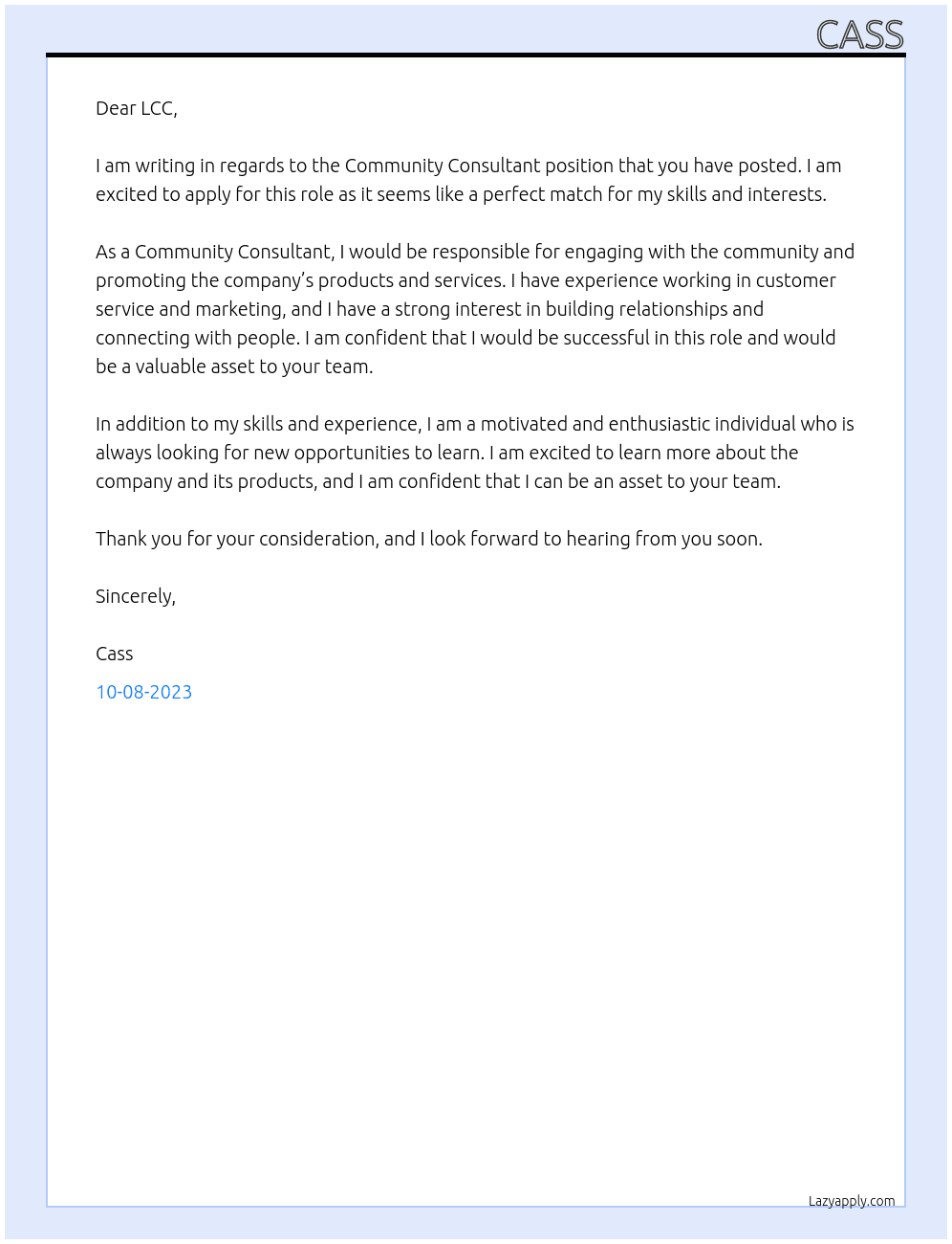 Community consultant At LCC Cover Letter
