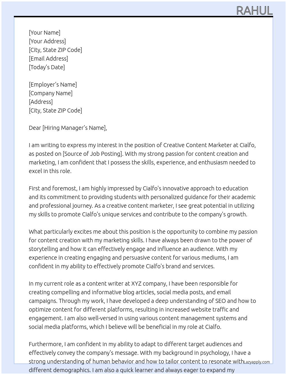 Creative Content Marketer At Cialfo Cover Letter
