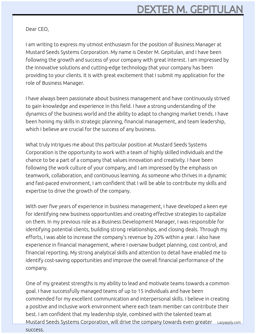 Business Managaer At Mustard Seeds Systems Corporation Cover Letter