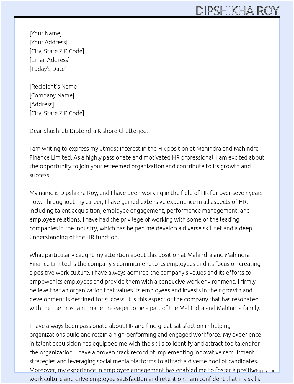 HR At MAHINDRA AND MAHINDRA FINANCE LIMITED Cover Letter