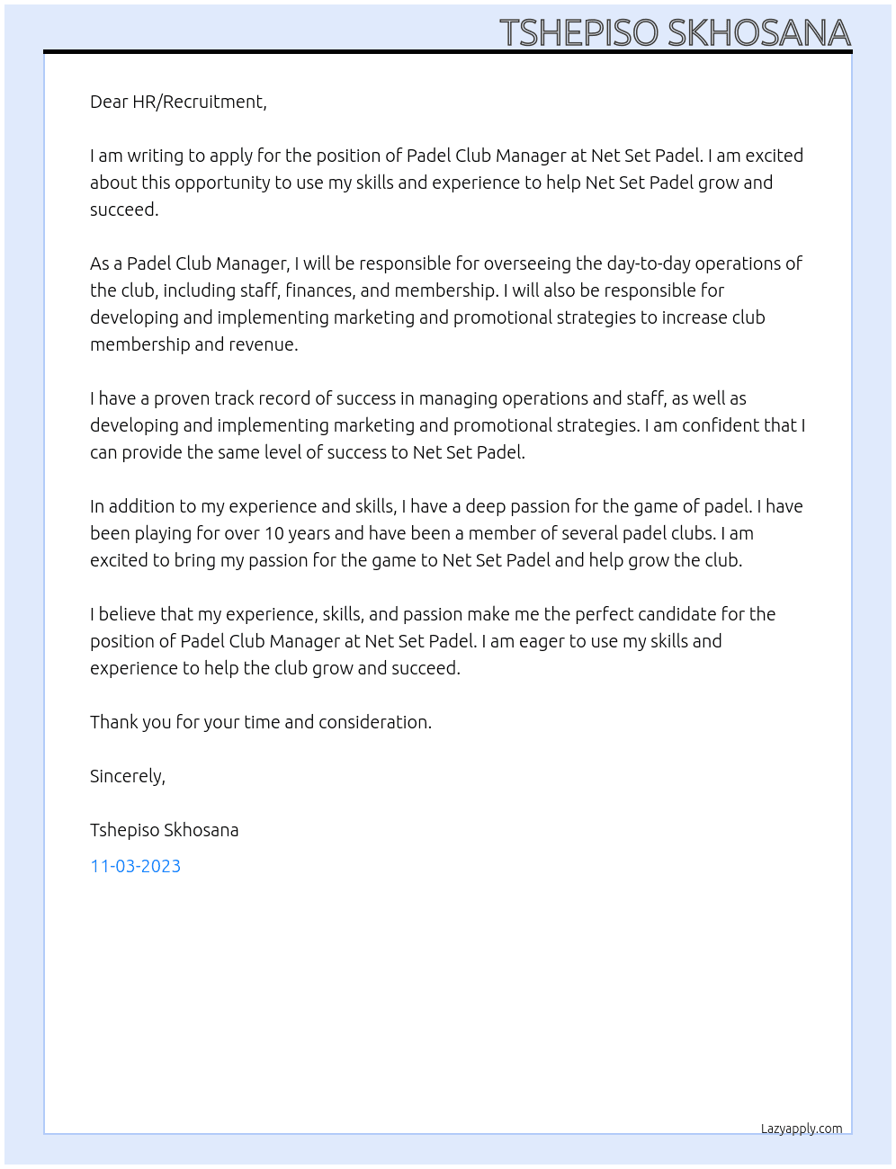 Padel Club Manager At Net Set Padel Cover Letter