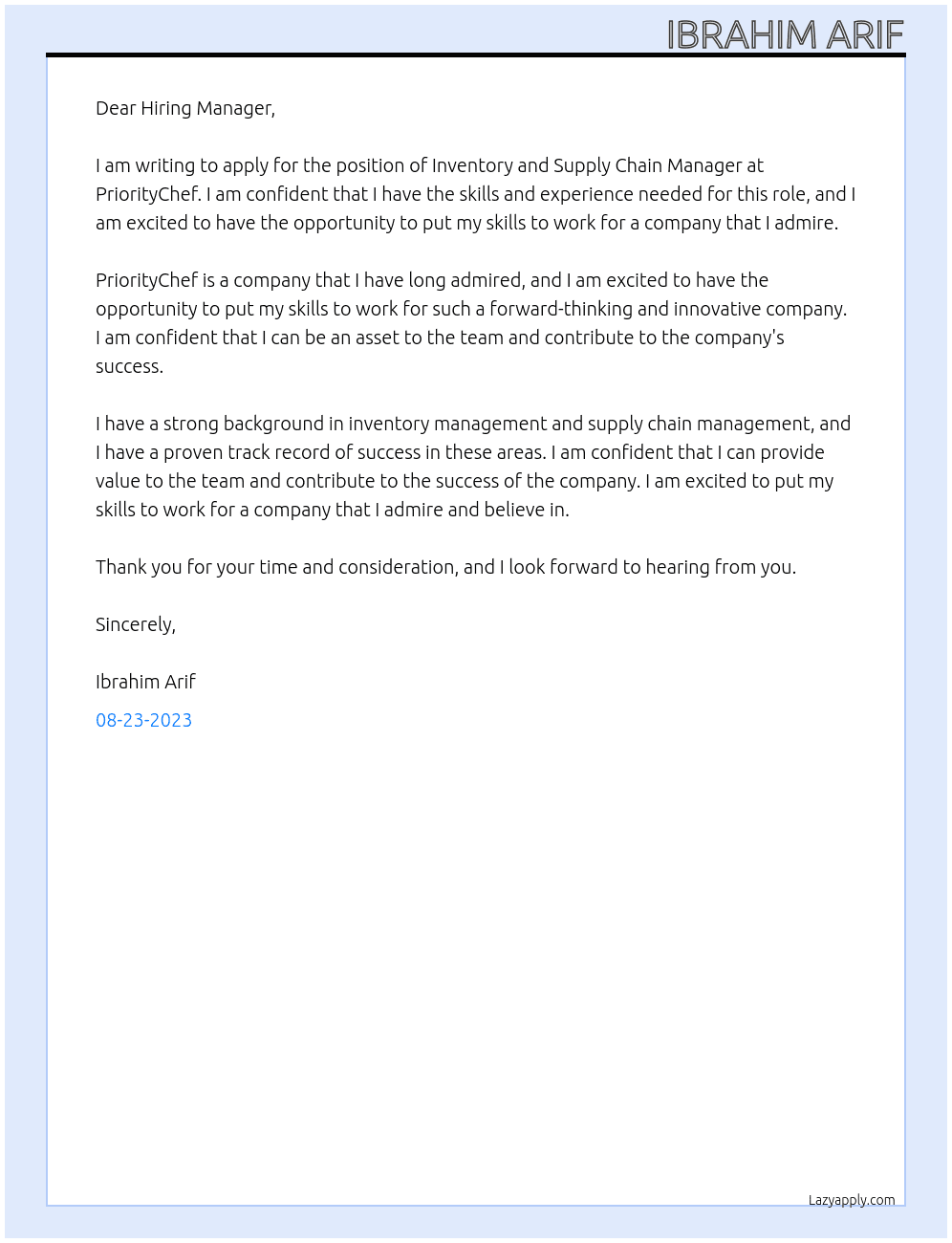 Inventory and Supply chain manager  At PriorityChef  Cover Letter