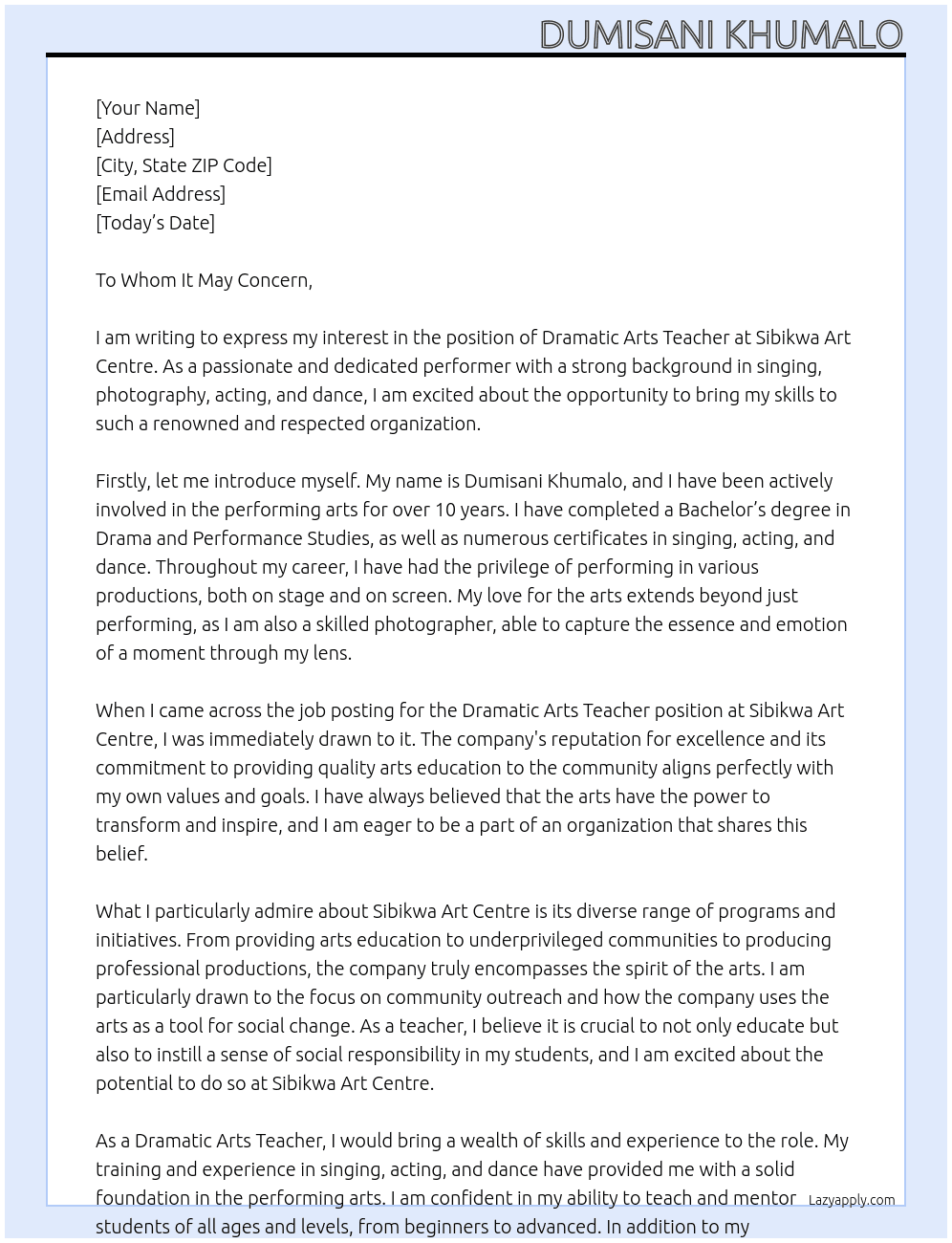 Dramatic Arts teacher At Sibikwa Art Centre  Cover Letter