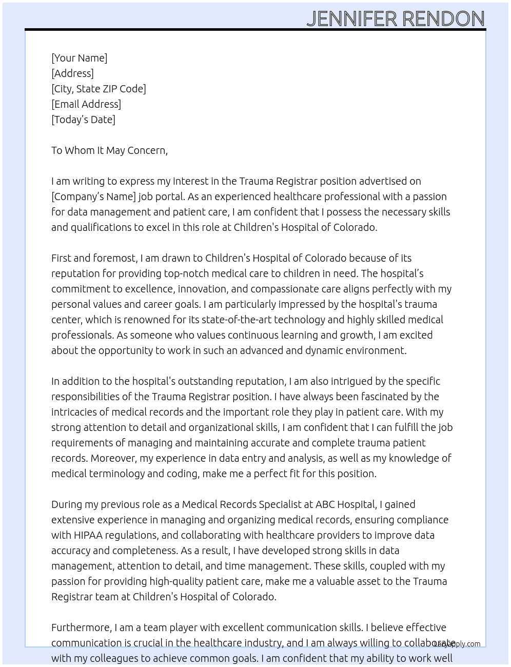Trauma Registrar At Children's Hospital of Colorado Cover Letter