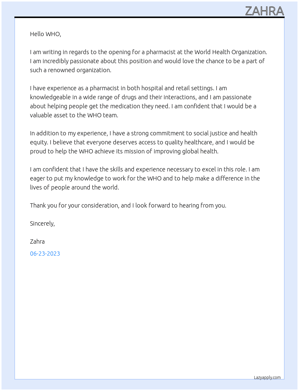 Pharnacist At World health orgnization Cover Letter