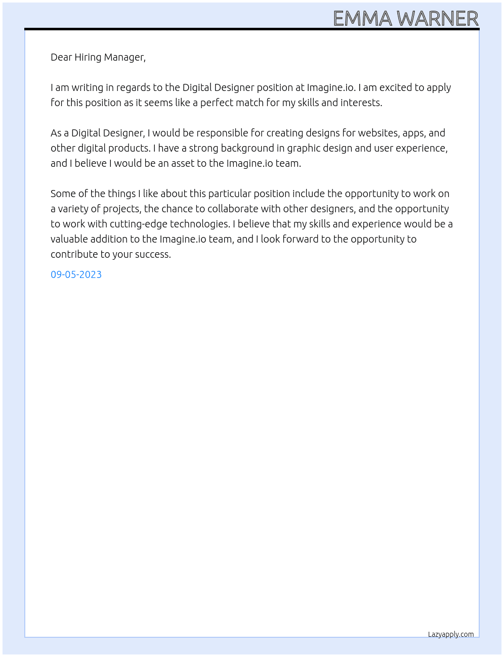 Digital designer At Imagine.io Cover Letter
