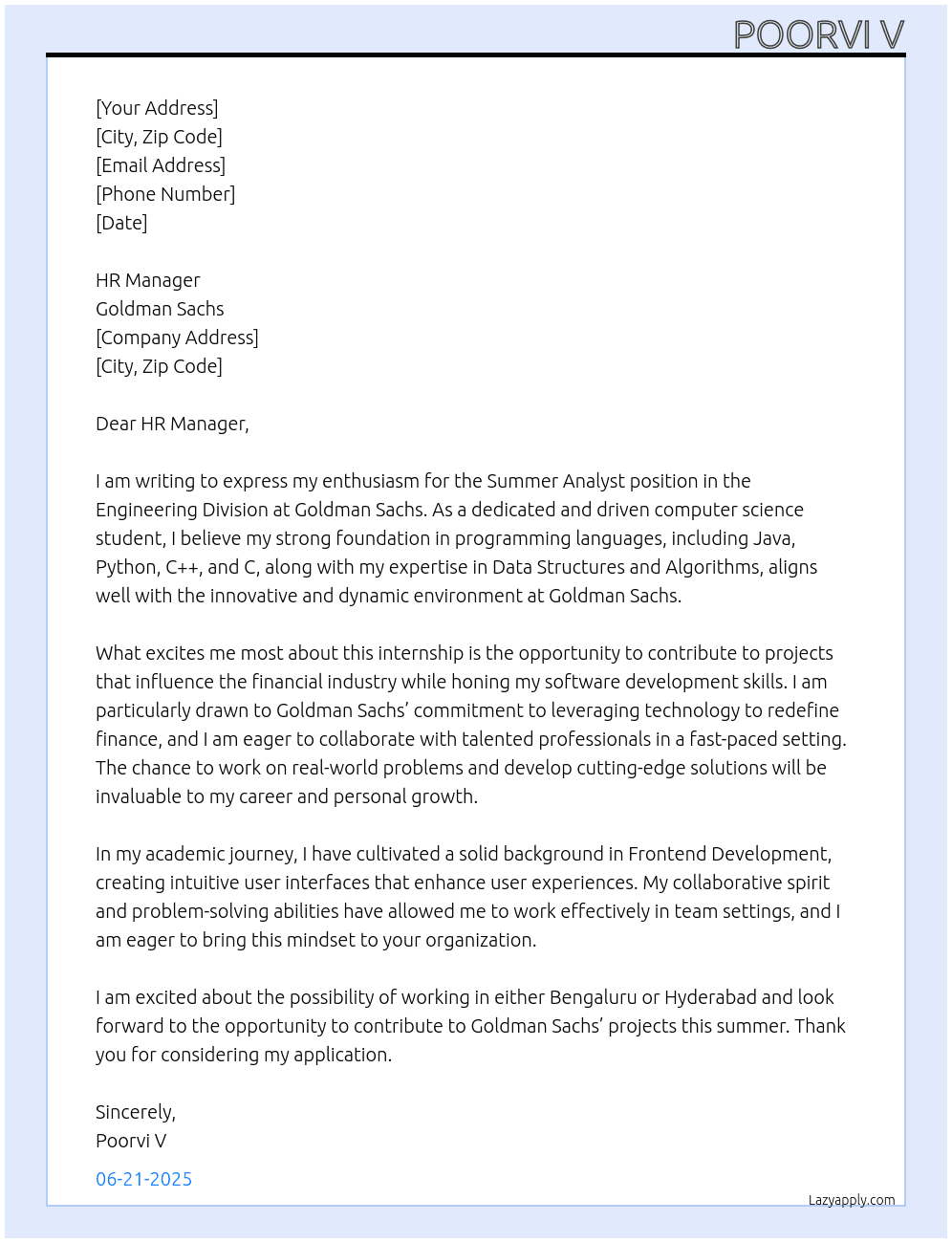 Cover letter for summer analyst - engineering division - LazyApply