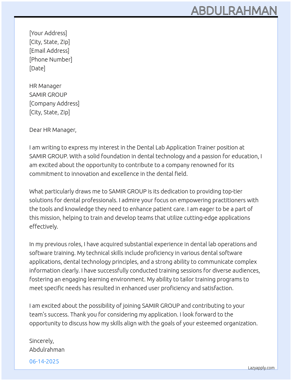 Cover letter for dental lab application trainer - LazyApply