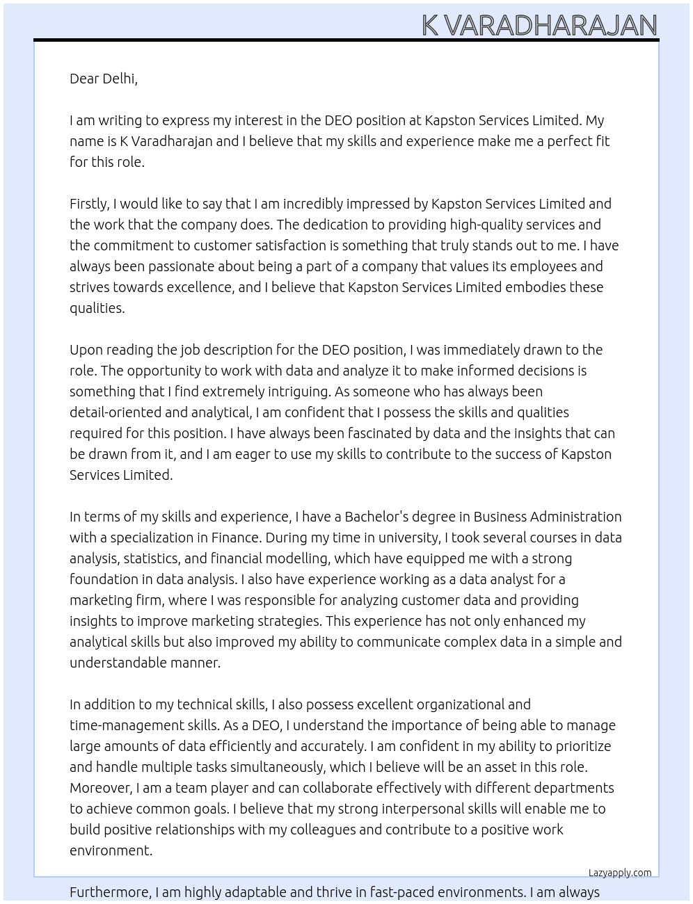 DEO At KAPSTON  SERVICES LIMITD Cover Letter
