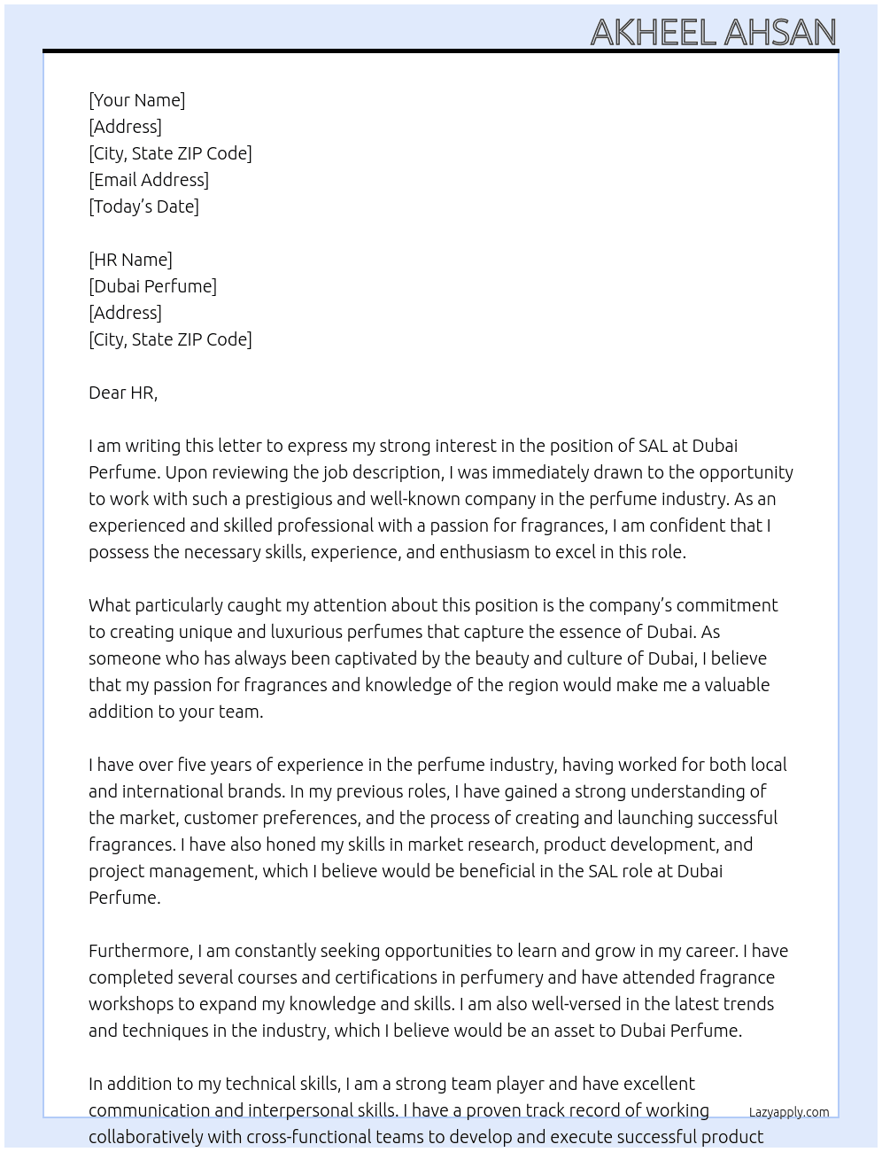 SAL At DUBAI PERFUME Cover Letter