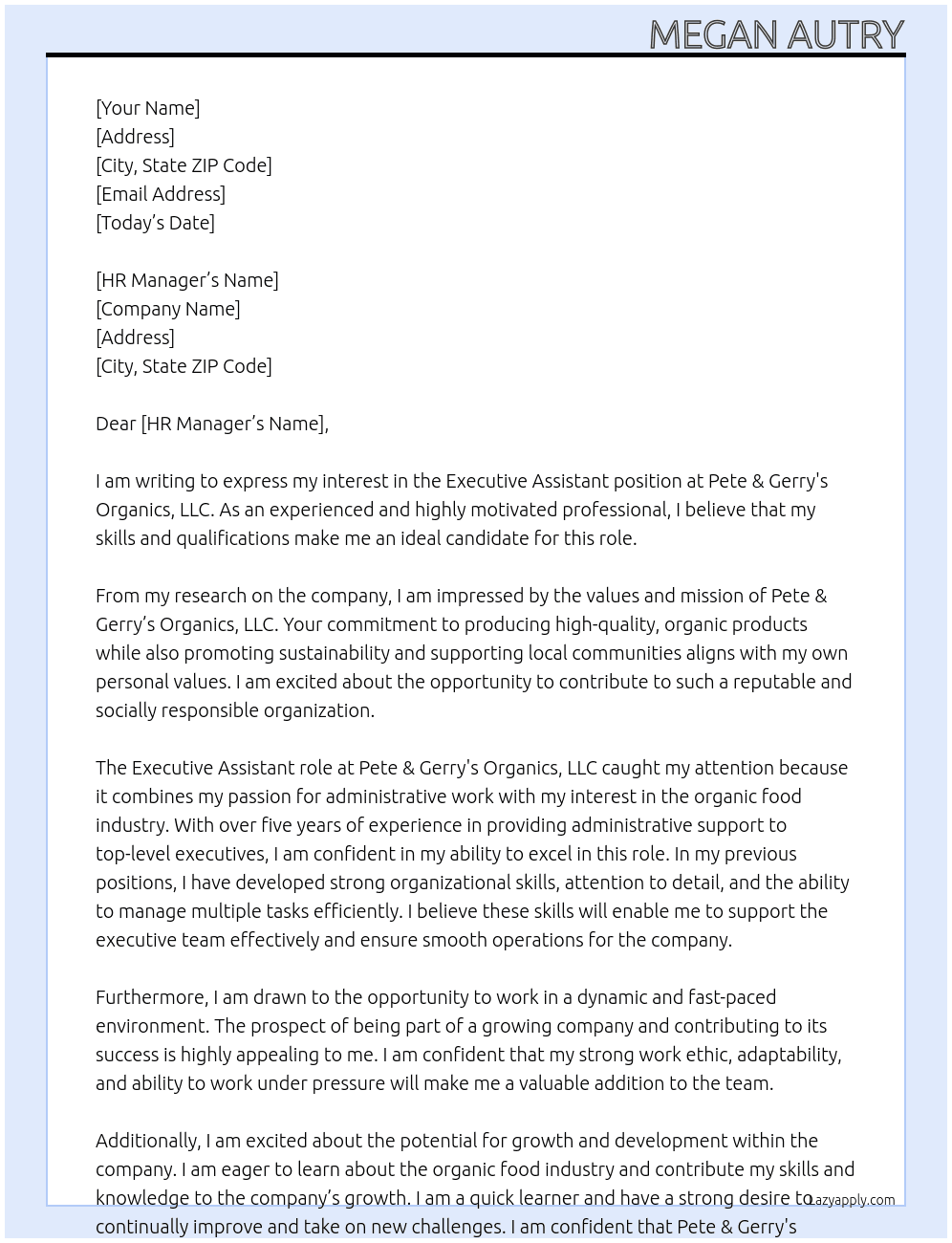 Executive Assistant At  Pete & Gerry's Organics, LLC Cover Letter
