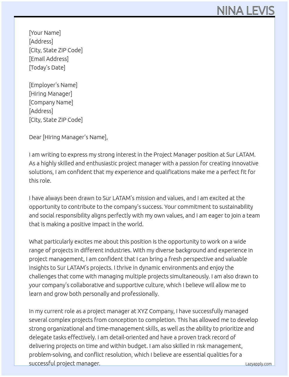 Project Manager At Sur LATAM Cover Letter