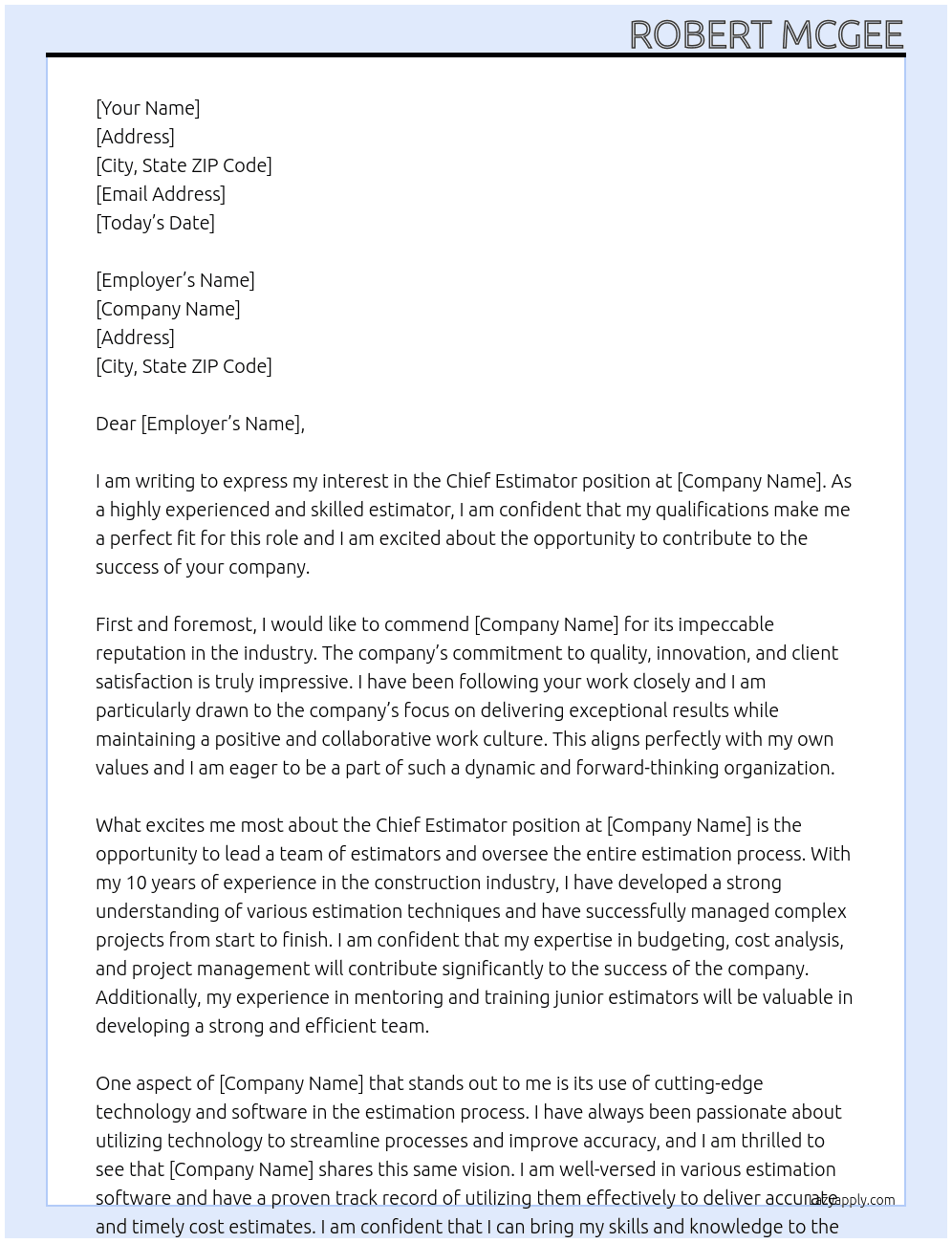 Chief Estimator At Blank Company Cover Letter