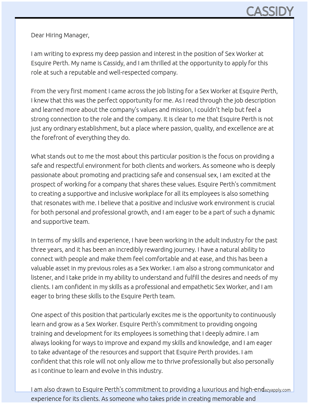 Sex worker At Esquire Perth Cover Letter