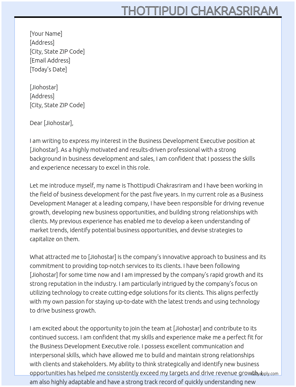 Business development executive  At Jiohostar  Cover Letter
