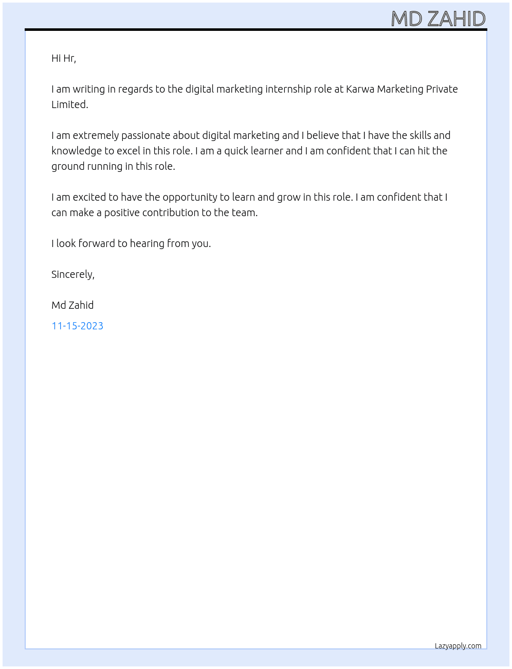 digital marketing At Karwa Marketing Private Limited Cover Letter