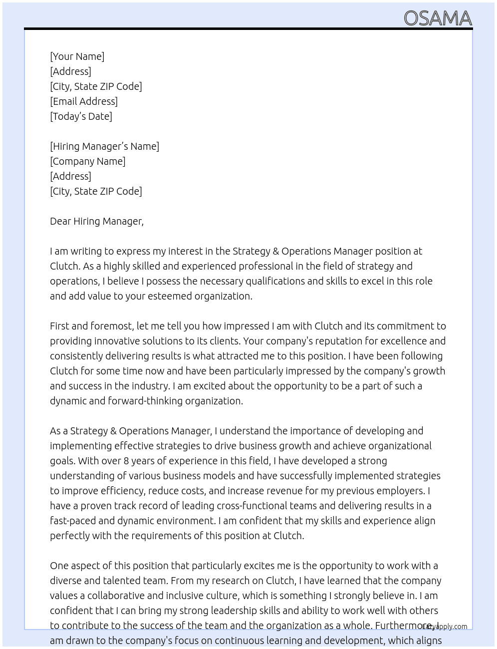 Strategy & Operations Manager At Clutch Cover Letter