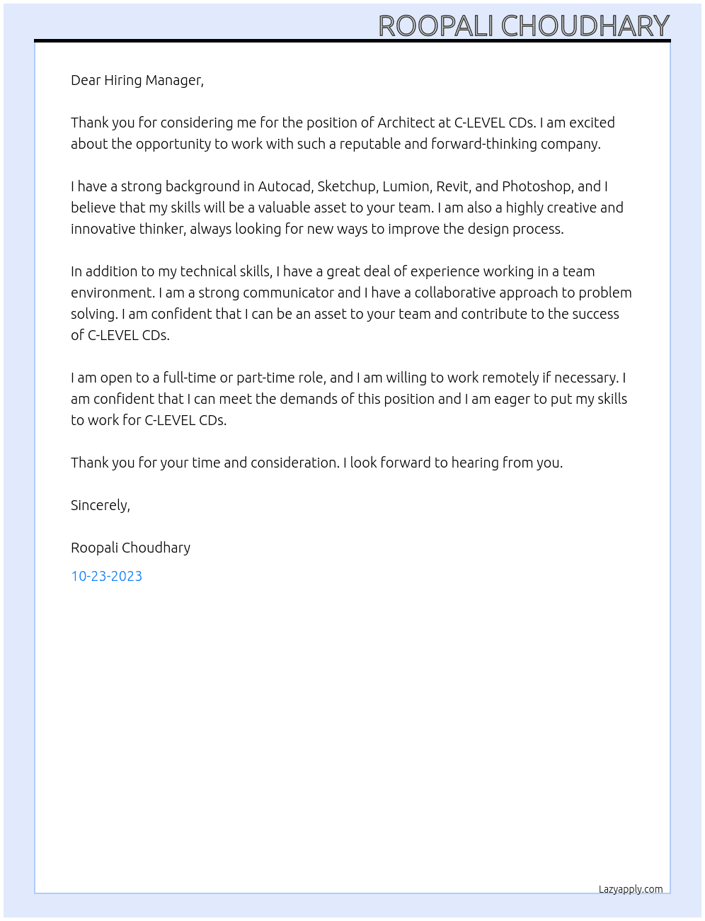 Architect  At C-LEVEL CDs Cover Letter