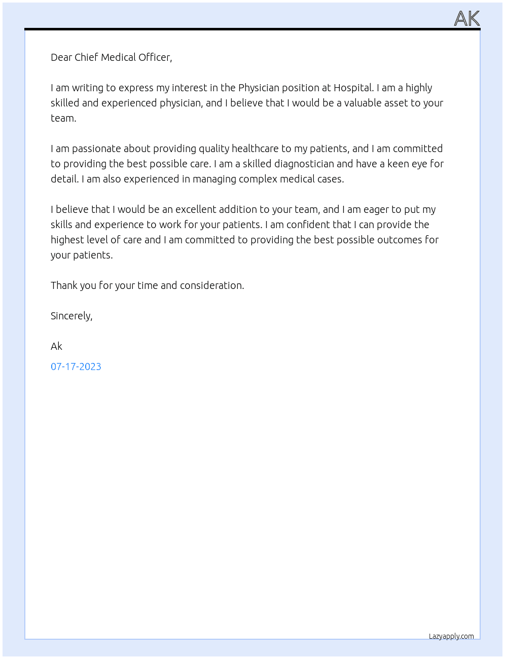 Physician At Hospital Cover Letter