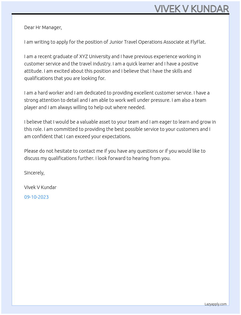 Junior Travel Operations Associate  At FlyFlat Cover Letter