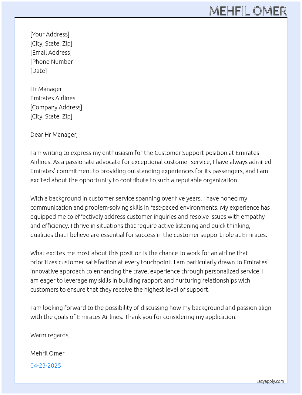 Customer support  At Emirates airlines  Cover Letter