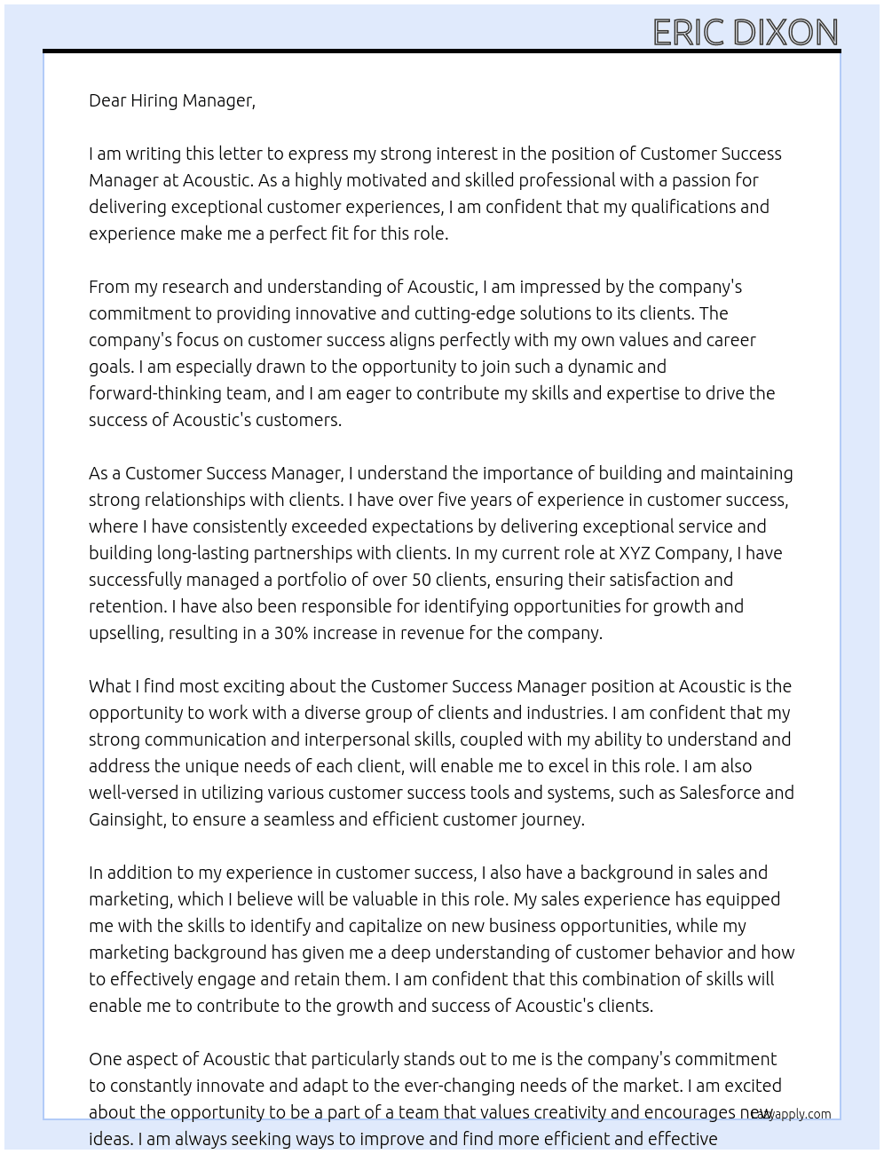 Customer Success Manager At Acoustic Cover Letter