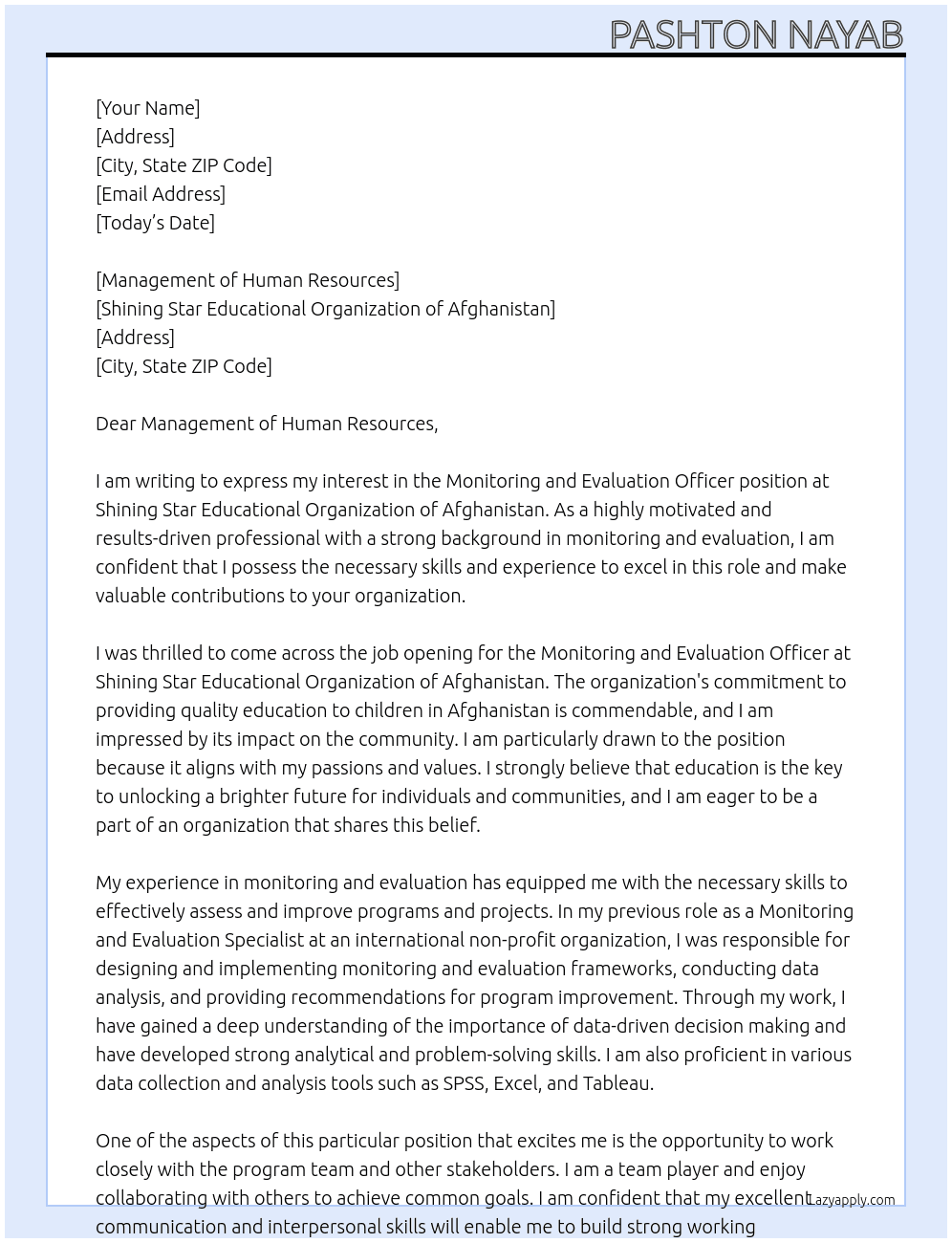Monitoring and Evaluation Officer At Shining Star Educational Organization of Afghanistan Cover Letter