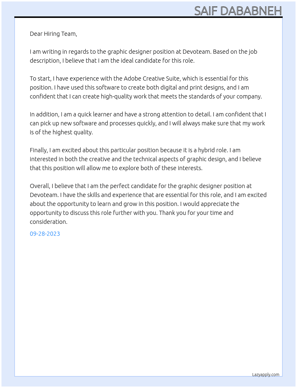 Graphic designer At Devoteam Cover Letter