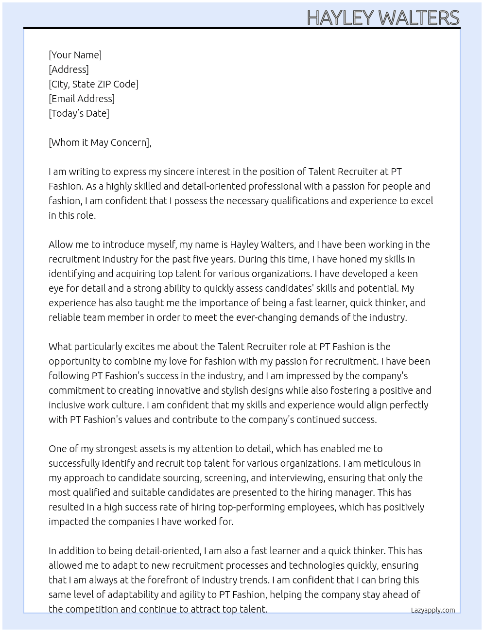 Talent recruiter  At PT Fashion  Cover Letter