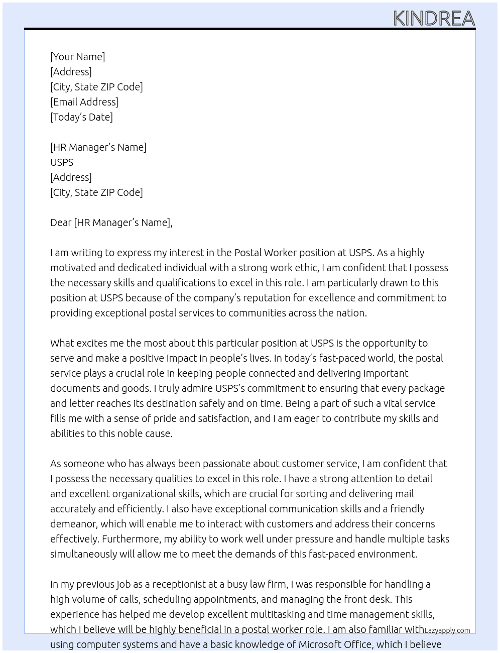 postal worker At USPS Cover Letter
