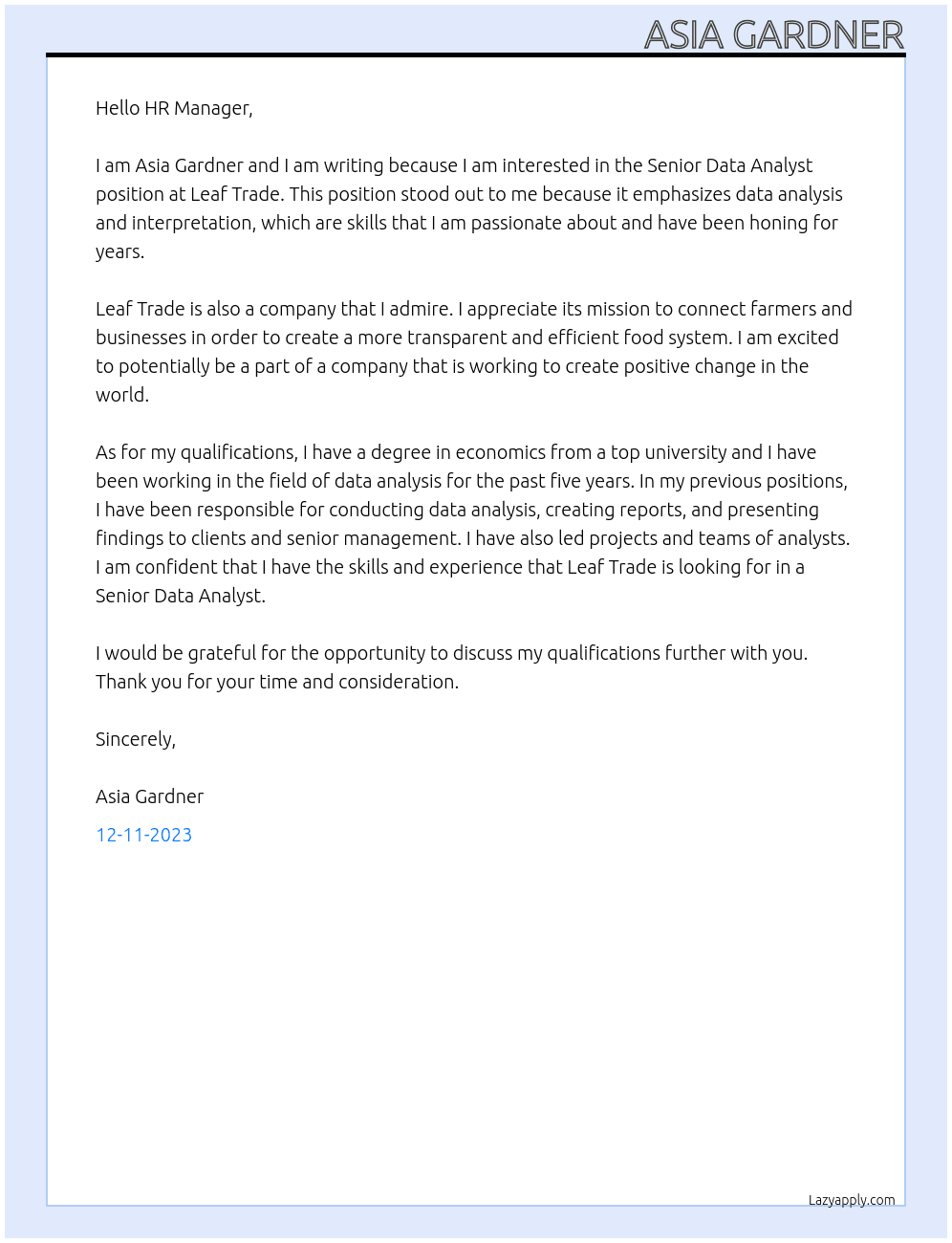 Senior Data anaylst At Leaf Trade Cover Letter