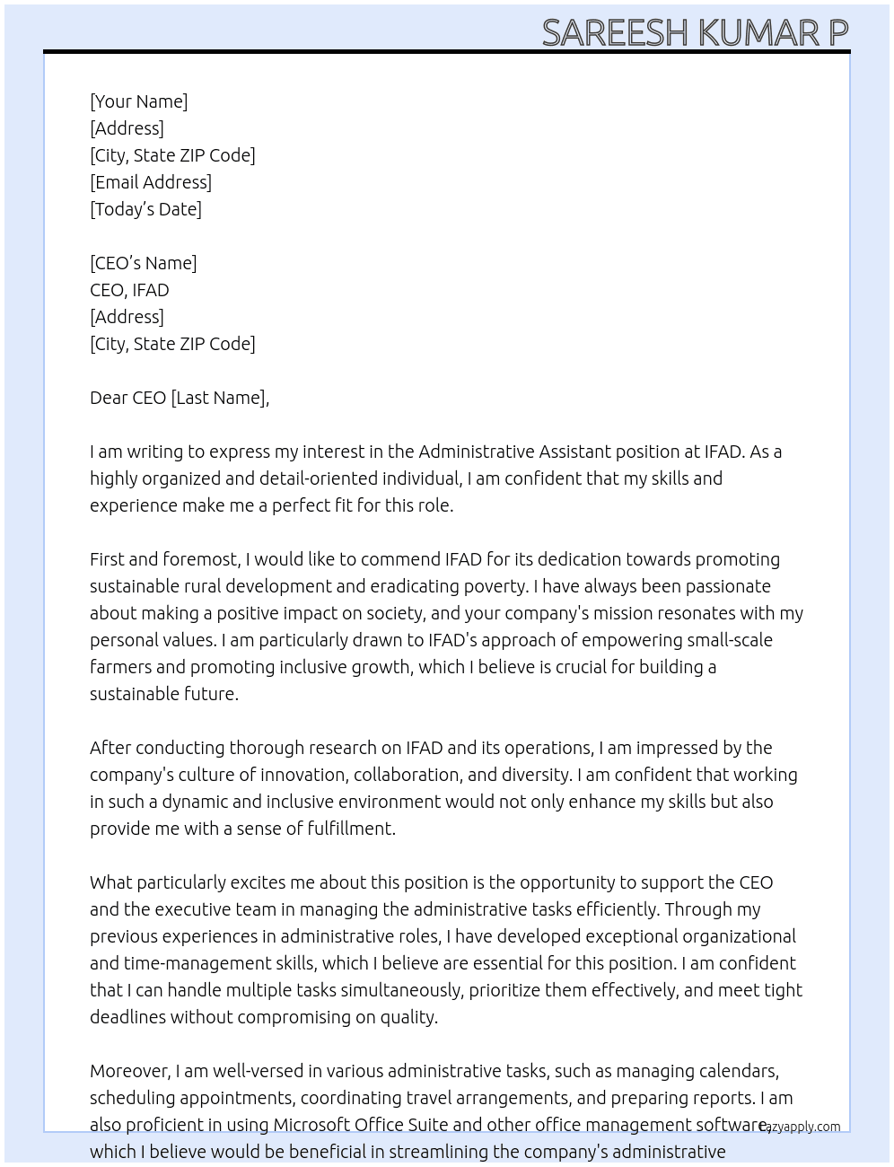 Administrative assistant  At IFAD  Cover Letter