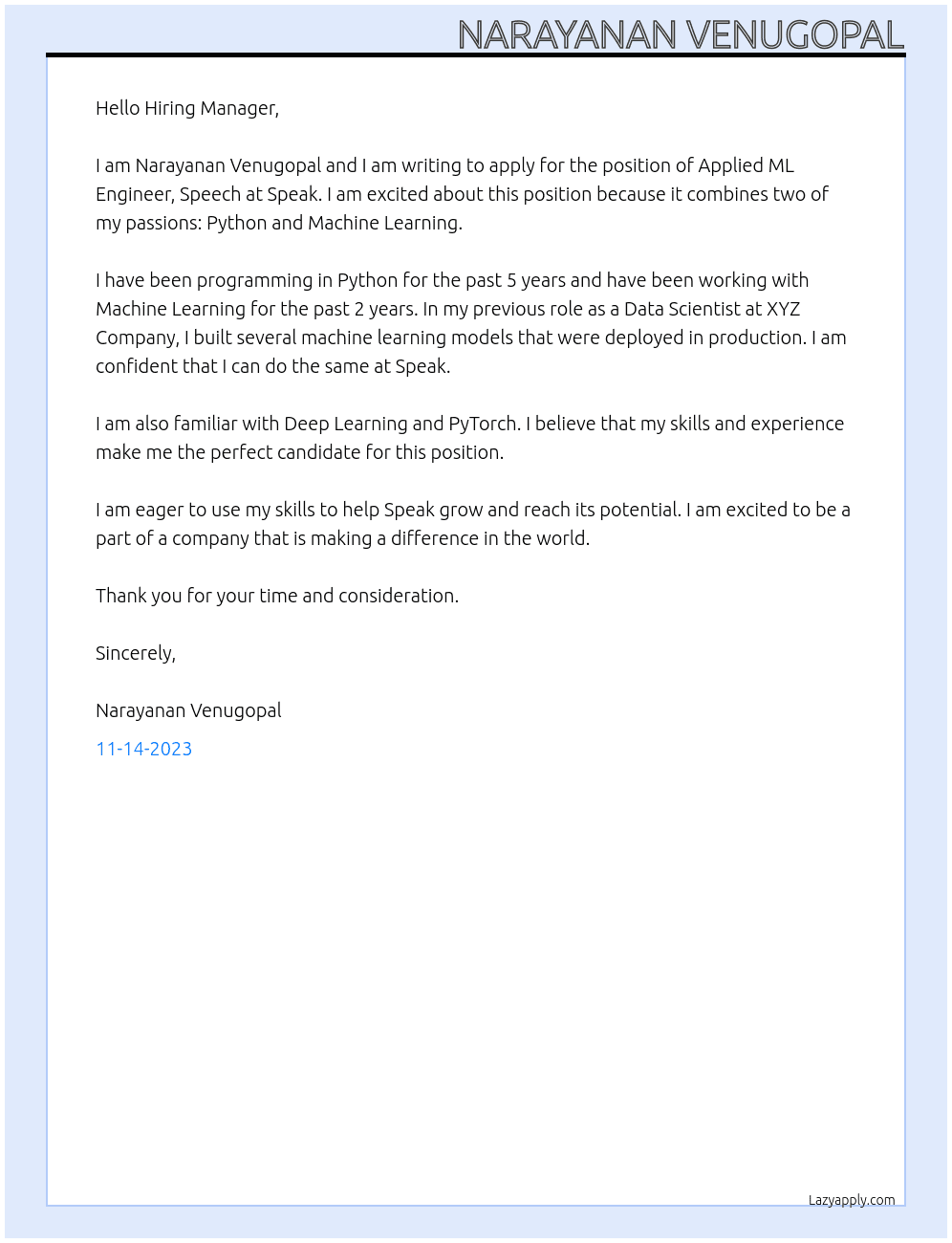 Applied ML Engineer, Speech At Speak Cover Letter