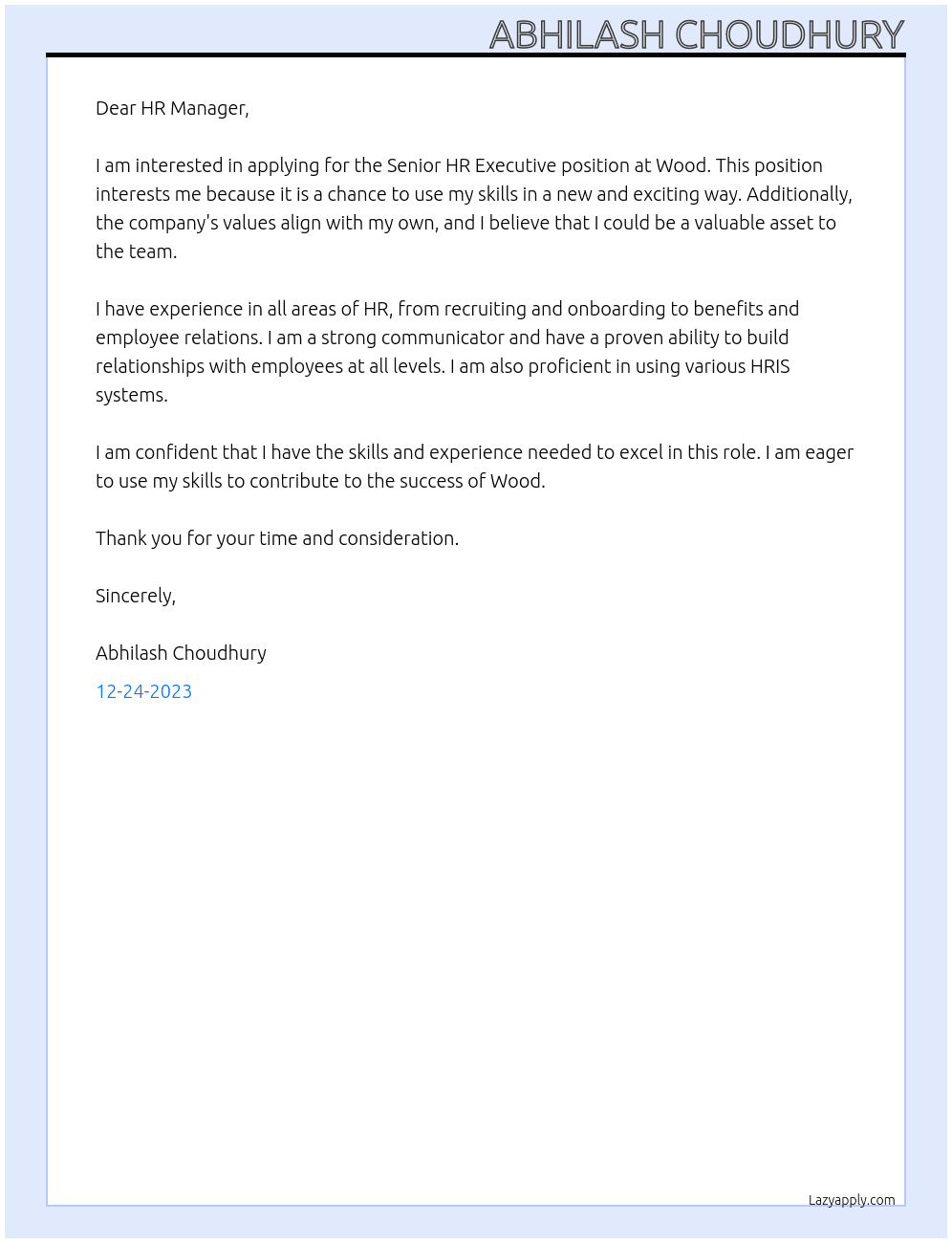 Senior HR Executive At Wood Cover Letter