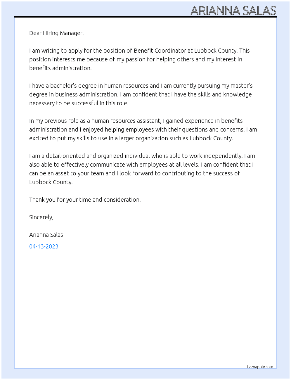 Benefit Coordinator At Lubbock County Cover Letter