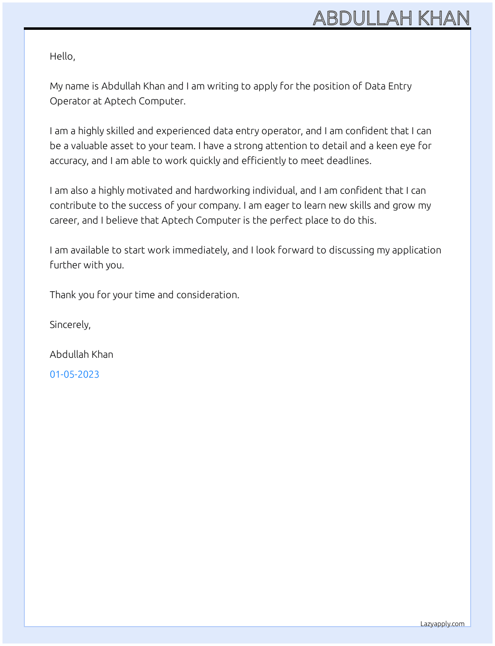 Data Entry Operator At Aptech Computer  Cover Letter