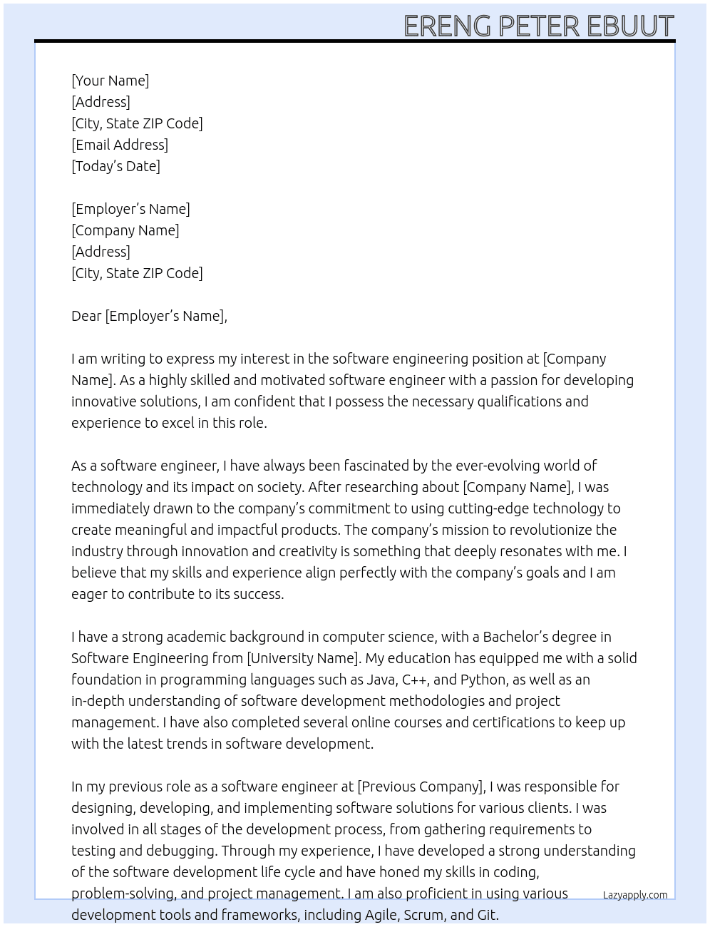 software engineering At ERENG PETER EBUUT Cover Letter