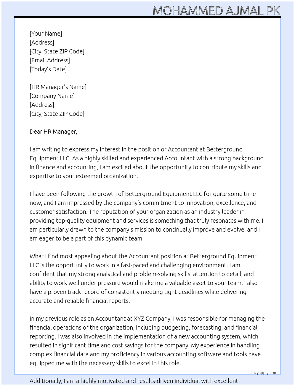 Accountant  At Betterground Equipment LLC Cover Letter