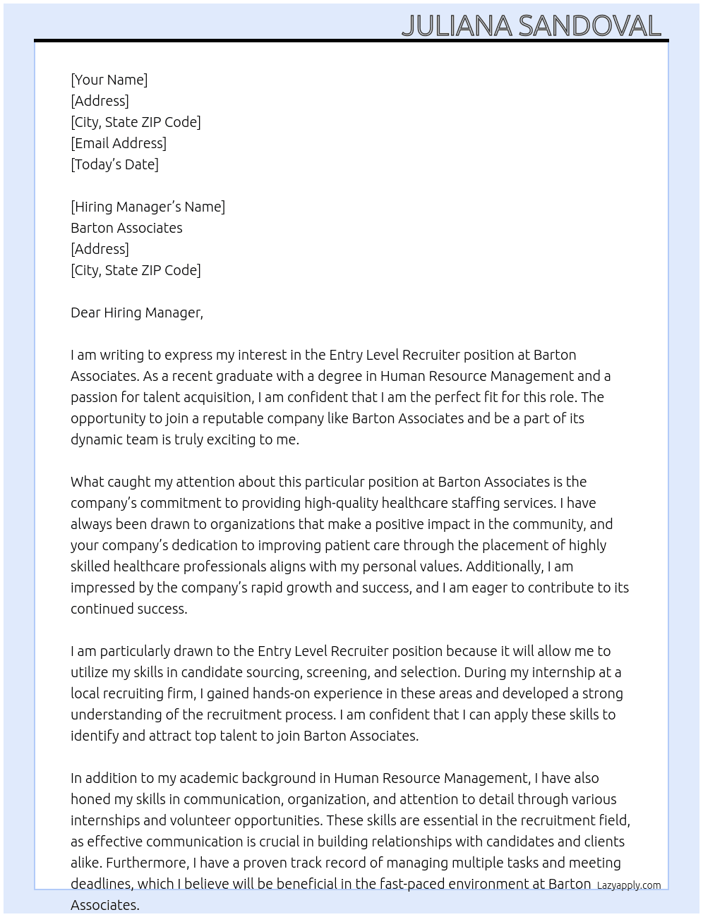 Entry Level Recruiter At Barton Associates Cover Letter