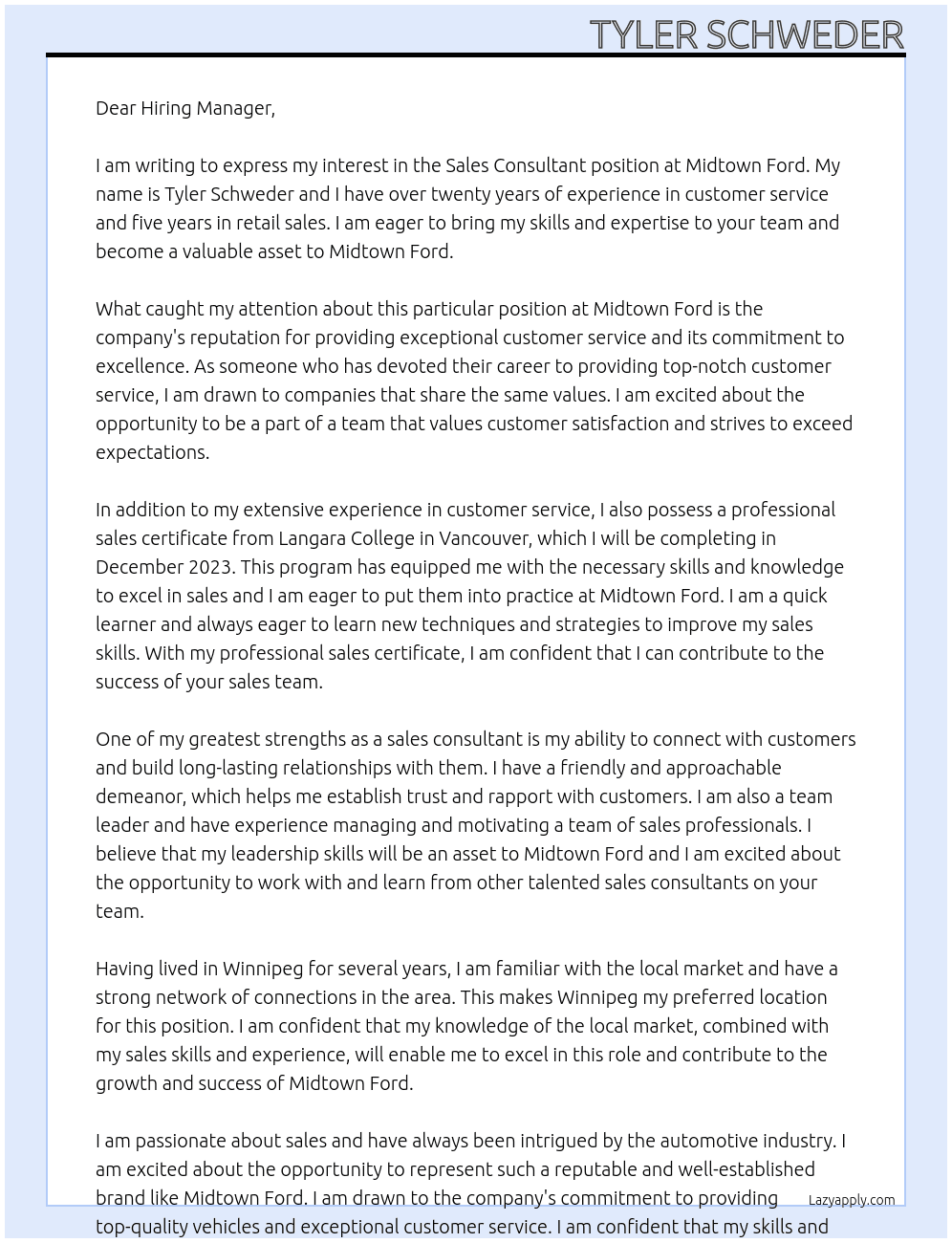 Sales Consultant  At Midtown Ford Cover Letter