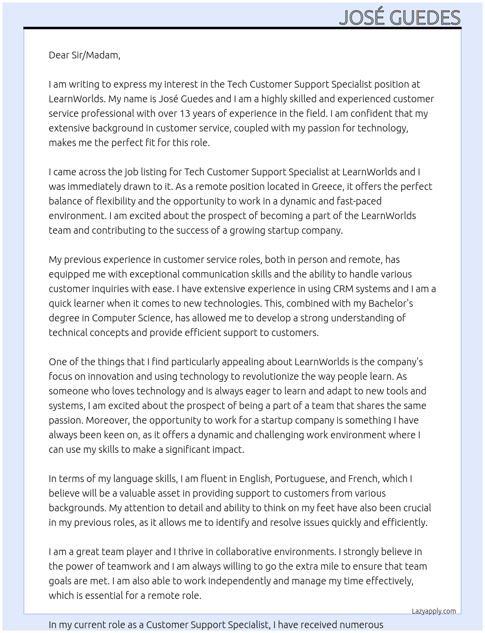 Tech Customer Support Specialist (Remote Greece) At LearnWorlds Cover Letter