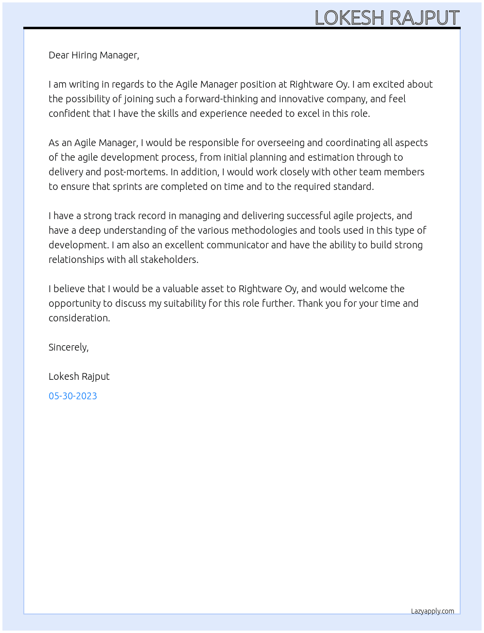 Agile Manager At Rightware Oy Cover Letter