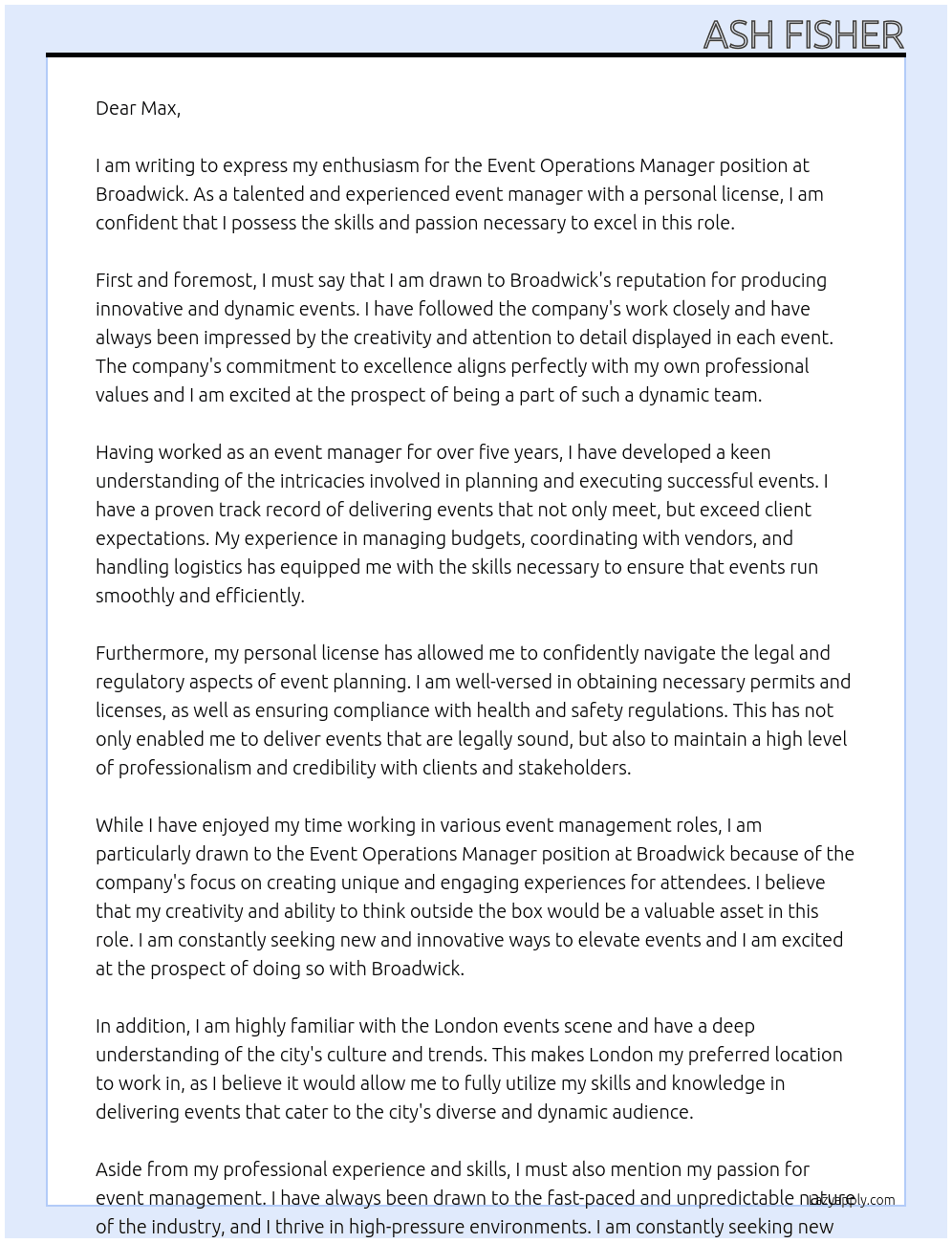 Event Operations Manager At Broadwick Cover Letter