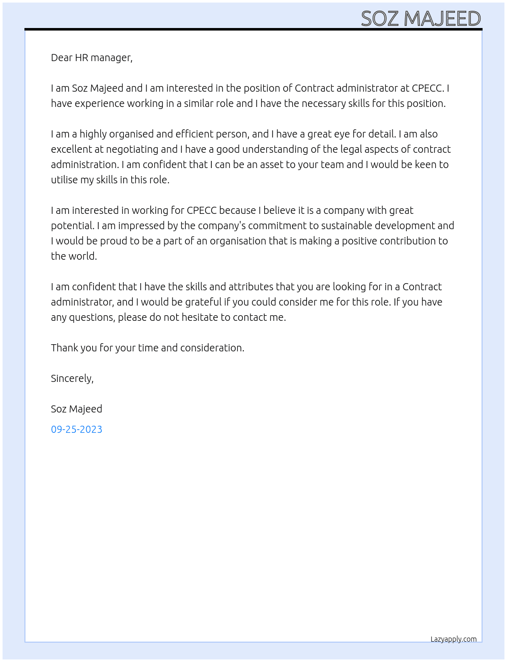Contract administrator  At CPECC Cover Letter